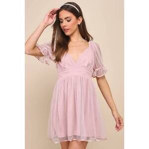 Sweetly Charming Blush Pink Mesh Surplice Puff Sleeve Mini Dress
